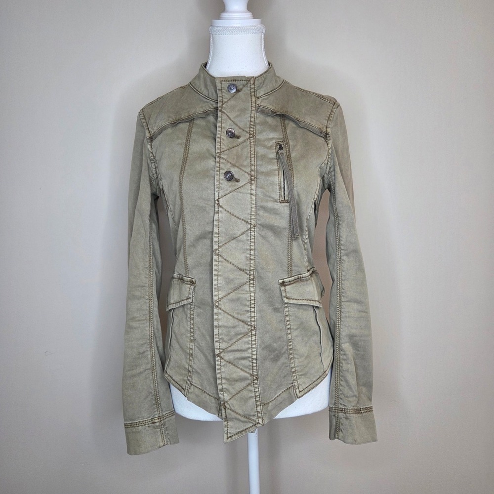 Marrakech Womens Small Olive Green Military Utility Jacket Asymmetric Hem Cotton